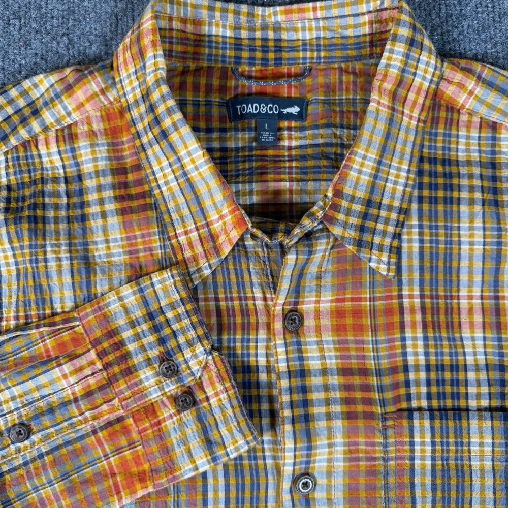 Toad&Co Mens Large Orange Plaid Organic Cotton Stretch Long Sleeve Button Shirt